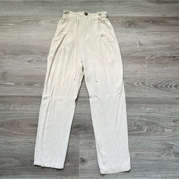 Princess Polly The Rex Linen Pants Size 2 Straight Leg Pockets Beige - Picture 1 of 8